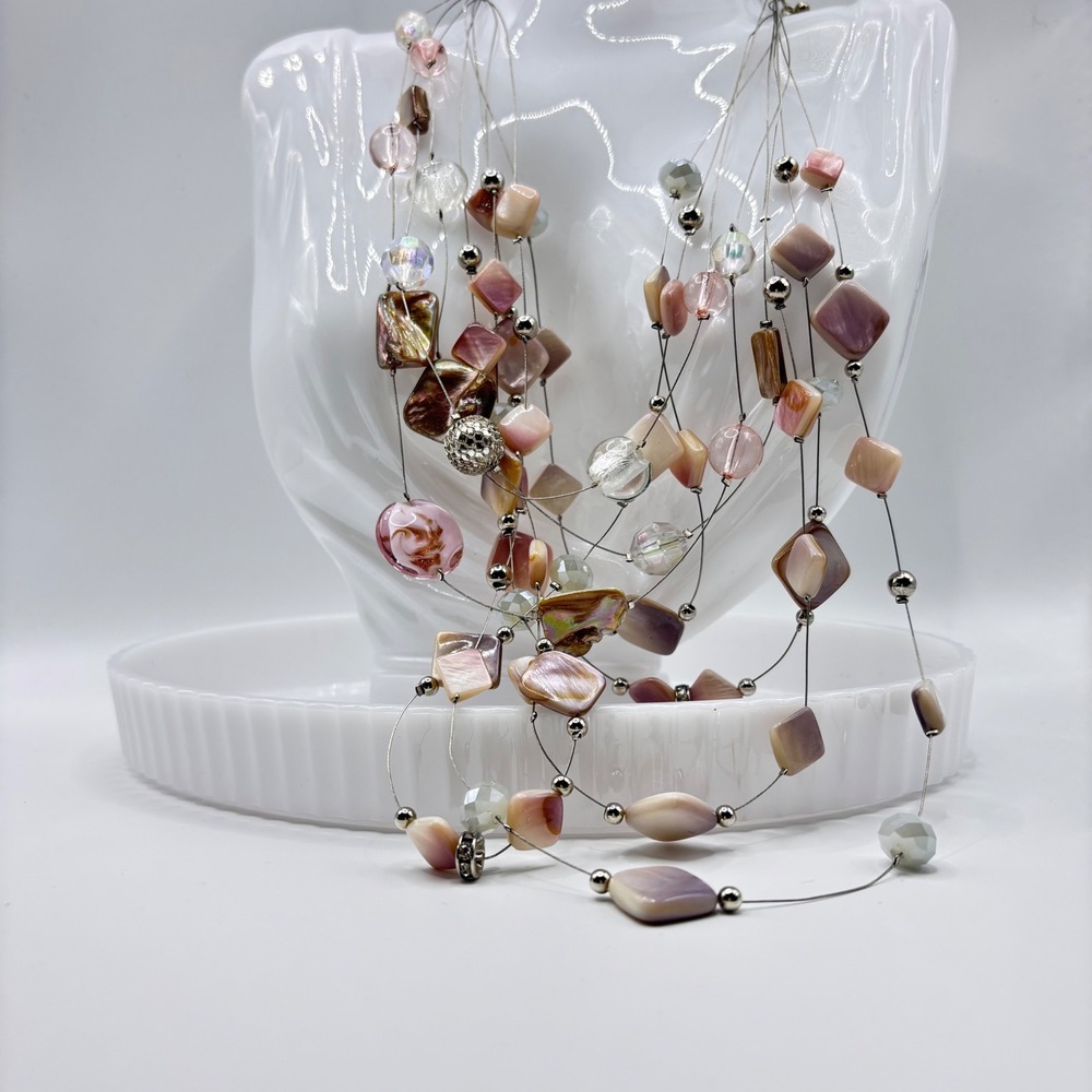 Mermaidcore Floating Shell Illusion Necklace Whimsy Boho Pink Mother Pearl Glass